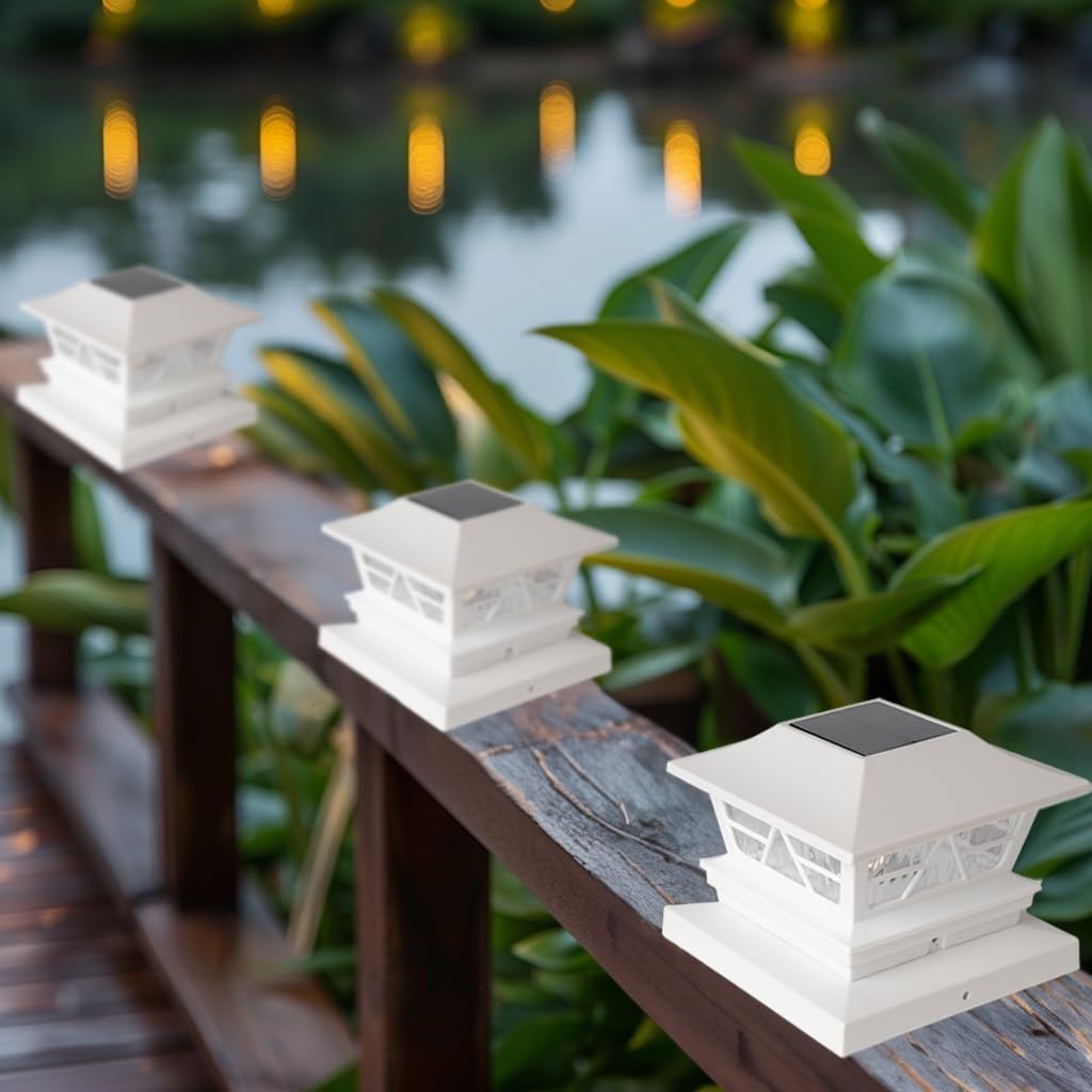 TW SHINE 6 Pack 4x4 Solar Post Cap Lights, 2 Modes White Solar Fence Lights Waterproof Warm White/Cool White for Yard, Garden, Porch Decor, for 5x5 6x6 Wood Posts