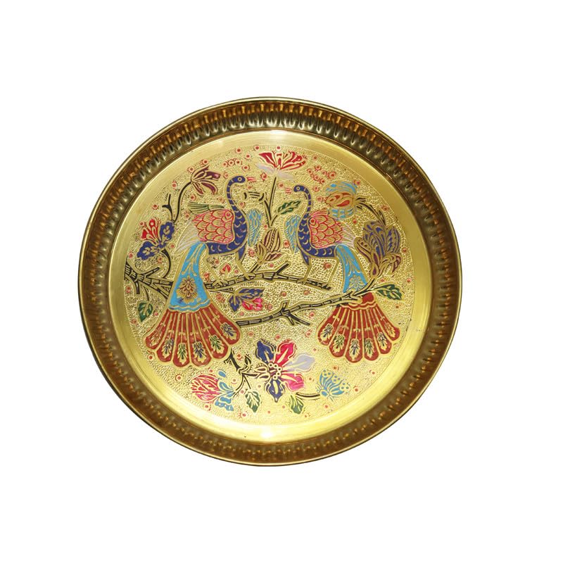 Universal Hub Brass Pooja Thali Set Round Kumkum Plate Indian Home Temple Decorative Puja Items Peacock Plate Hindu Pooja Samagri Indian Wedding Thali Decoration Religious Item Hindu Gifts