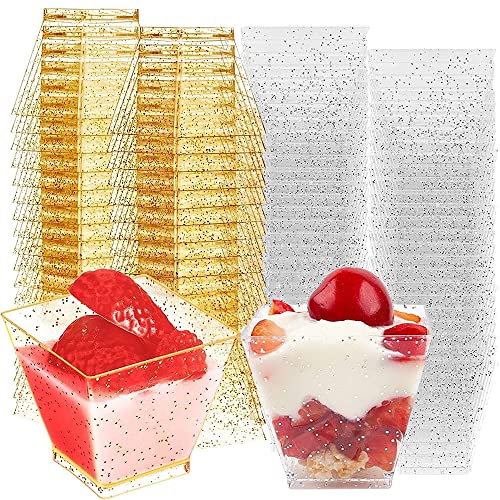 50 Piezas 2oz/60ml Cuencos de Postre Reutilizables, Vasos de Postre, Copas de Postre de Plástico Transparentes, Mini Tazas De Postre Con Purpurina Dorada, para Pudines, Tiramisú, Mini Postres Cover