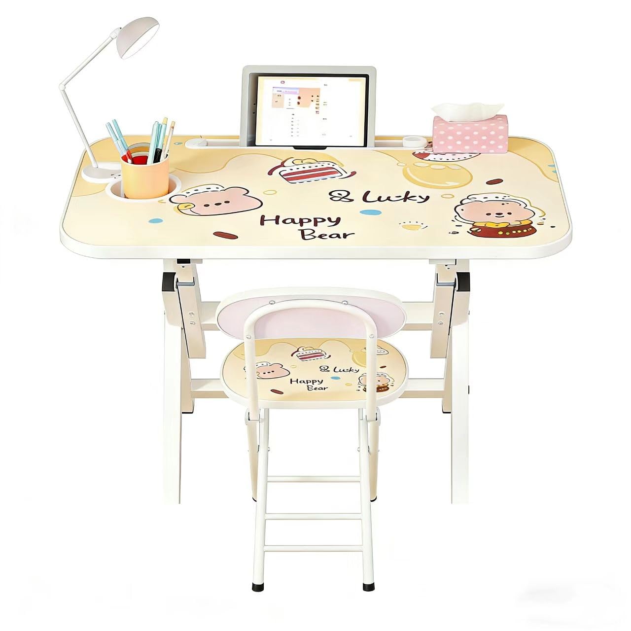 GDSCSKKS Foldable Kids Table and Chair Set,Desktop with Card Slot， Space-Saving Writing Desk for Home & Bedroom(Table and Chair Cover)