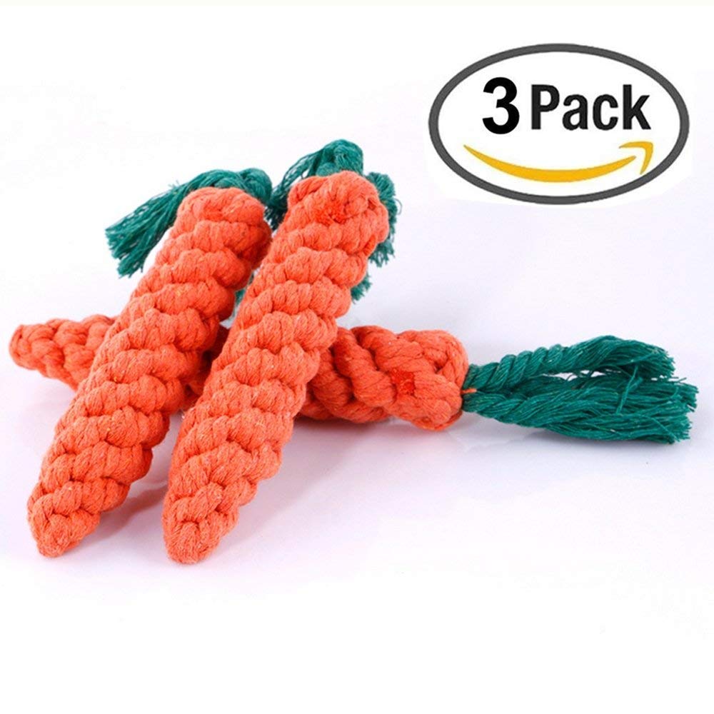 Ultra Durable Rope Dog Toy - Great for Aggressive Chewers - 100% Natural & Safe Cotton (3 x Carrots)