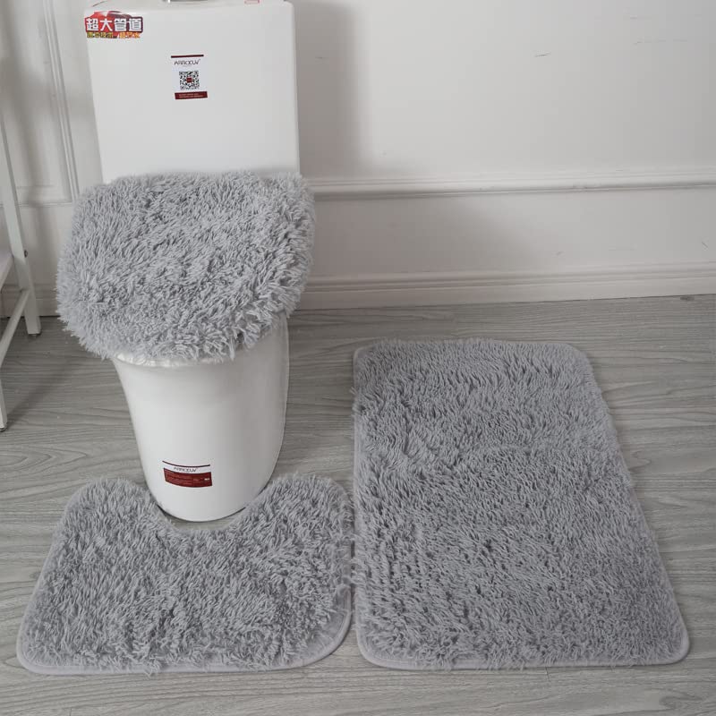 Lot de 2 ensembles de 3 pièces de salle de bain de style simple, couleur unie, tapis de salle de bain absorbant l'eau, tapis de bain pour douche (gris clair)