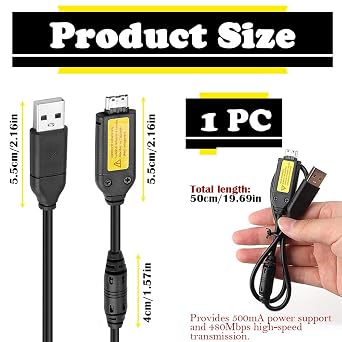 Samsung Camera USB Cable, 2-in-1 Data Sync and Fast Charging Lead for ES ST PL WB Series, Compatible with ES55 ES65 PL120 WB550, Stable Transfer for Travel Home Use (Black 1 Pc)