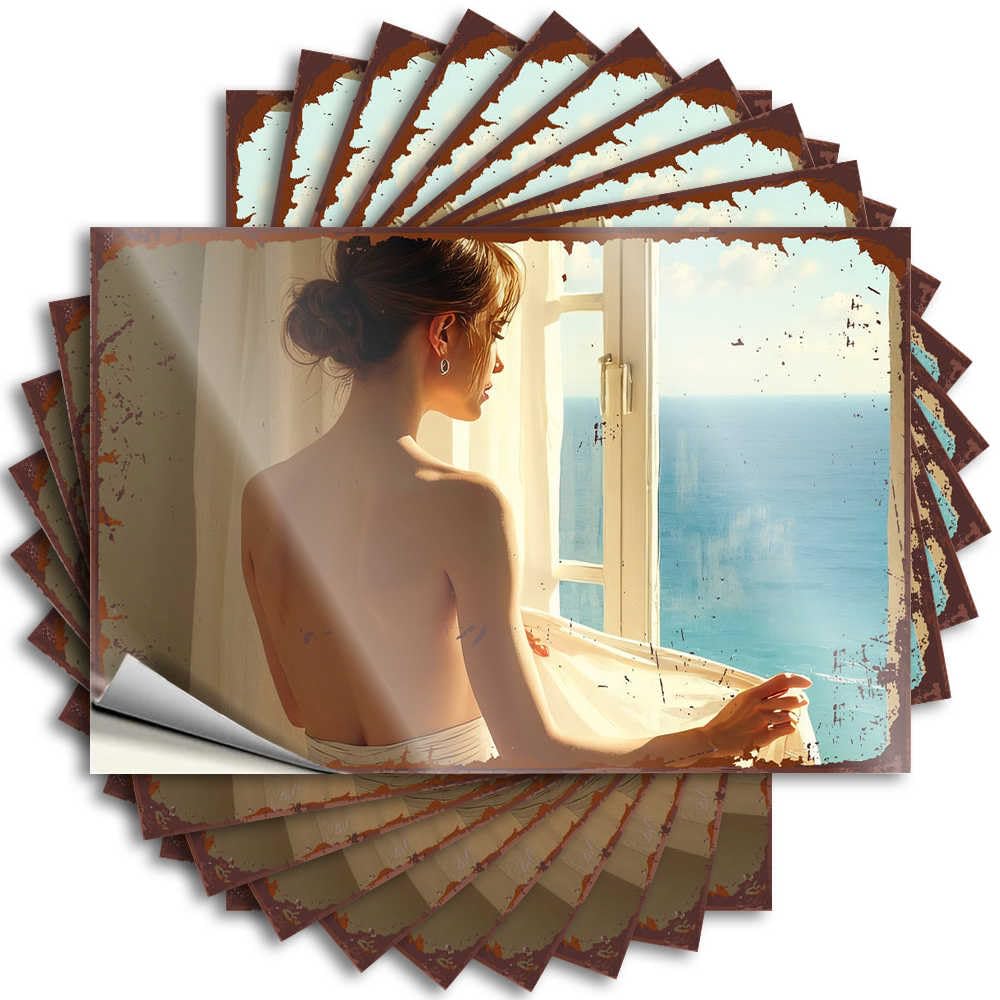 Fzfn Men's Colour Haves Quote - Summer Military Garage Sunlit Serenity: A Woman Enjoys The View Of The Ocean From Her Wi(8X12cm)