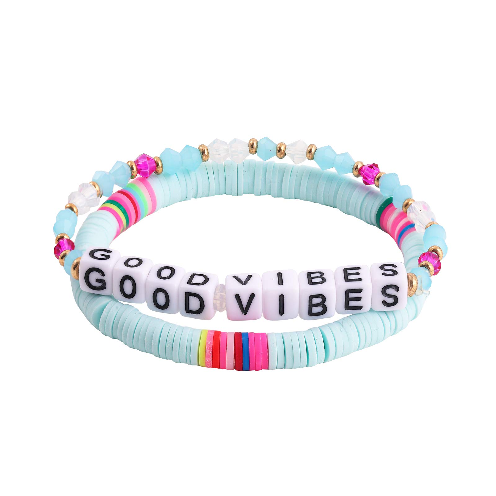 ERPELSHeishi Bracelets Stackable Rainbow Vinyl Disc Bead Surfer Stretch Crystal Bracelets Elastic Rope Layering Friendship Bracelets Boho Summer Beach Bracelets for Women Girl