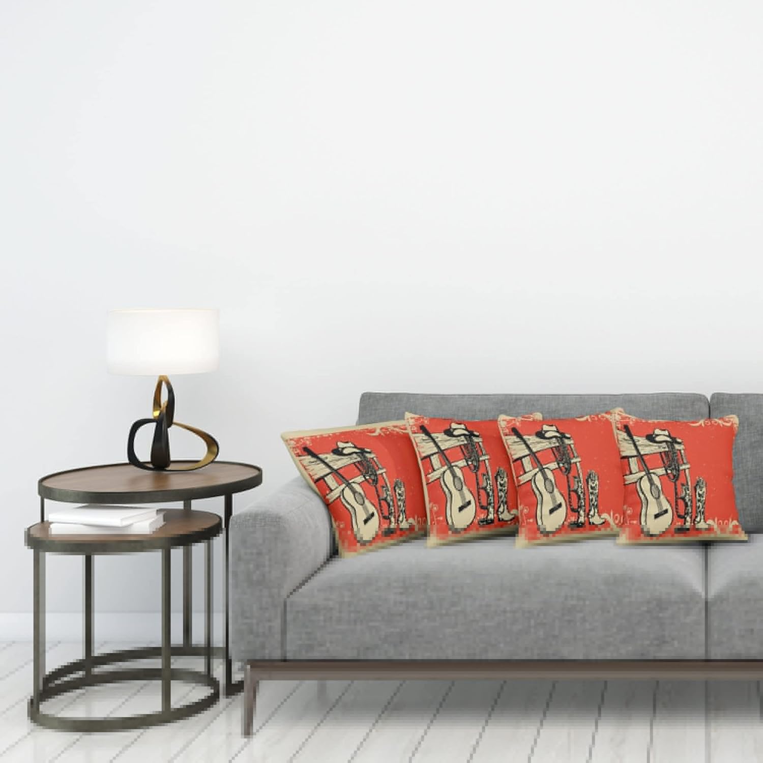 Ambesonne Western Decorative Throw Pillow Case Pack of 4, Image of Wild West Elements with Country Music Guitar and Cowboy Boots Retro Art, Cushion Cover for Couch Living Room Car, 20", Orange Beige