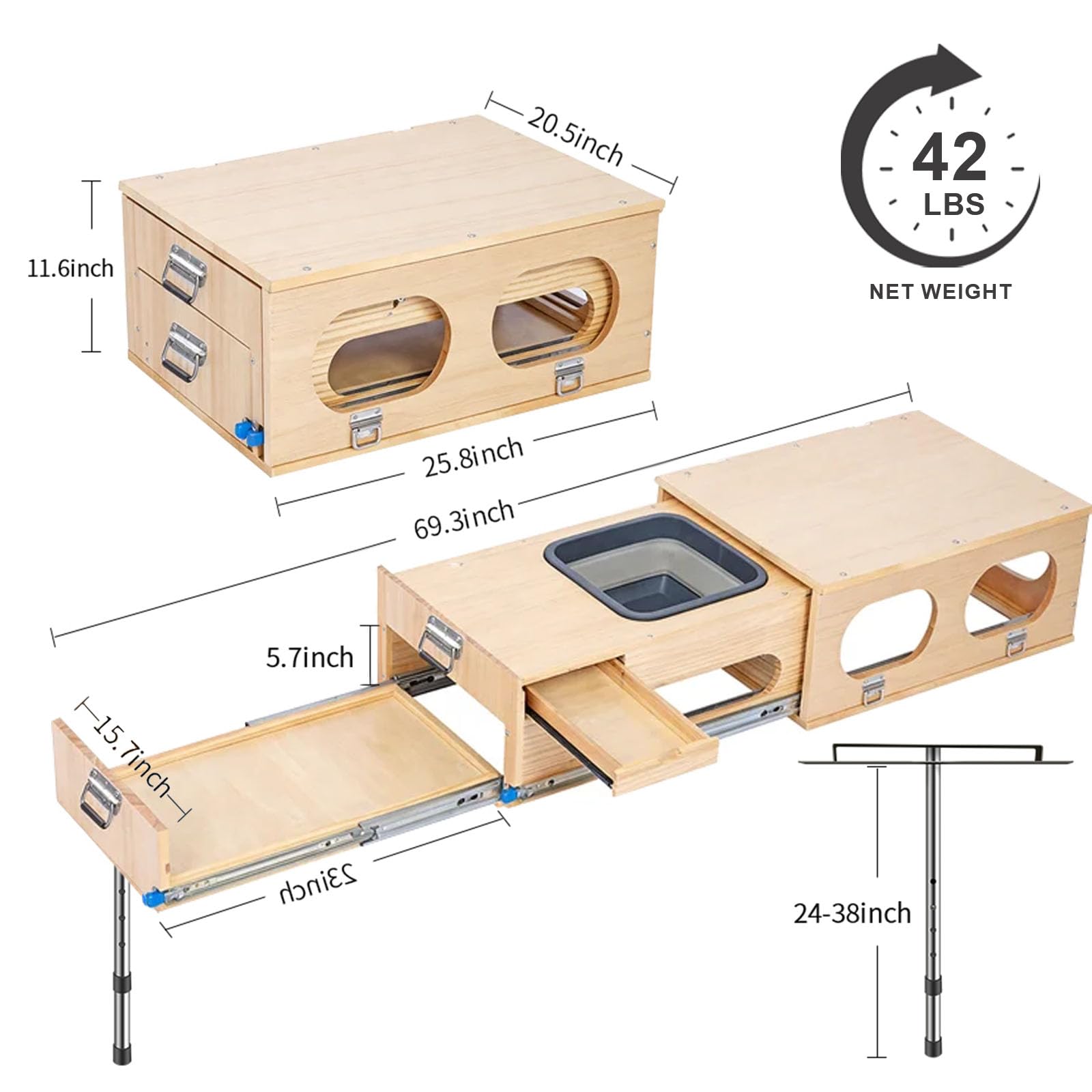 Overland Cuisine de camping pliable avec évier, boîte de cuisine camping, espace de rangement et espace pour 2 brûleurs, côté gauche, côté conducteur, montage rapide en 1 min