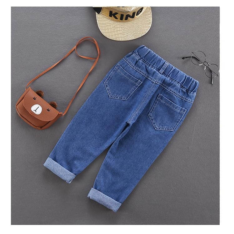 Tagas Jeans in denim stampati per ragazzi con design a toppa con cartoni animati|Pantaloni|| Jeans slim regolari per bambini ||Pantaloni rilassati |, Blu navy, 2-3 Y