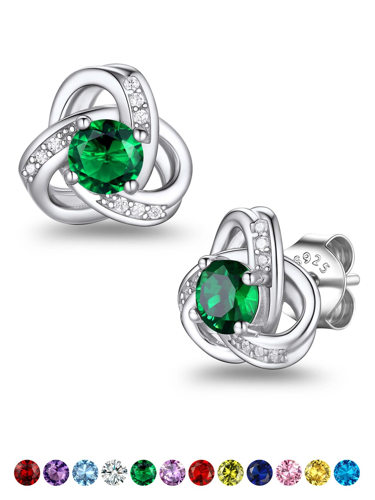 Suplight Love Knot Birthstone Earrings for Women, S925 Sterling Silver Earrings Flat Back Diamond Stud Earrings Christmas Gifts for Women Emerald