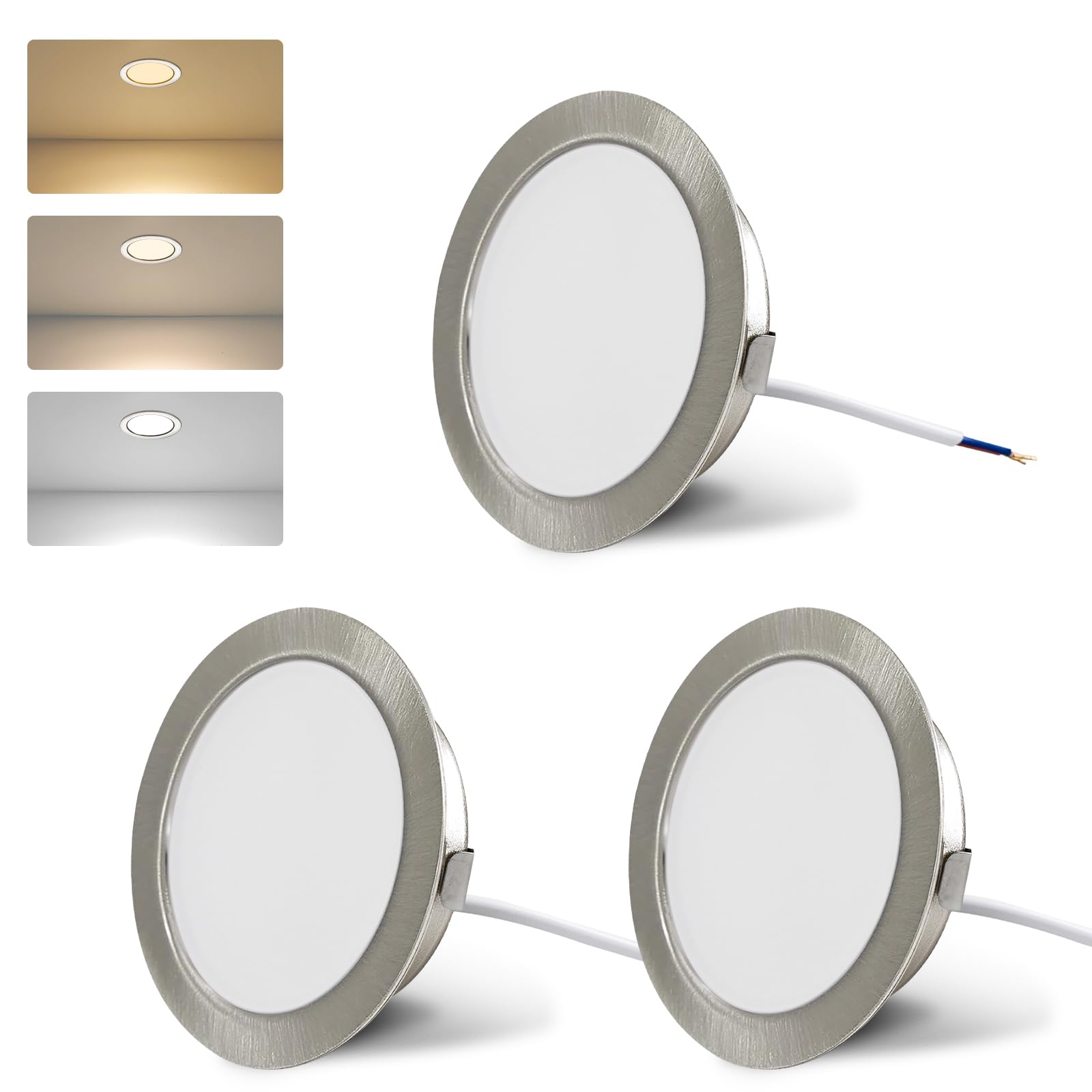 KYOTECH LED Möbeleinbauleuchte 230V 4W 3 Farbtemperatur 3000K/4000K/6000K G4 LED 300LM Leuchtmittel Möbel Einbaustrahler, Bohrloch 55-58mm und 20mm Flache, Edelstahl gebürstet Nickel-3er Set