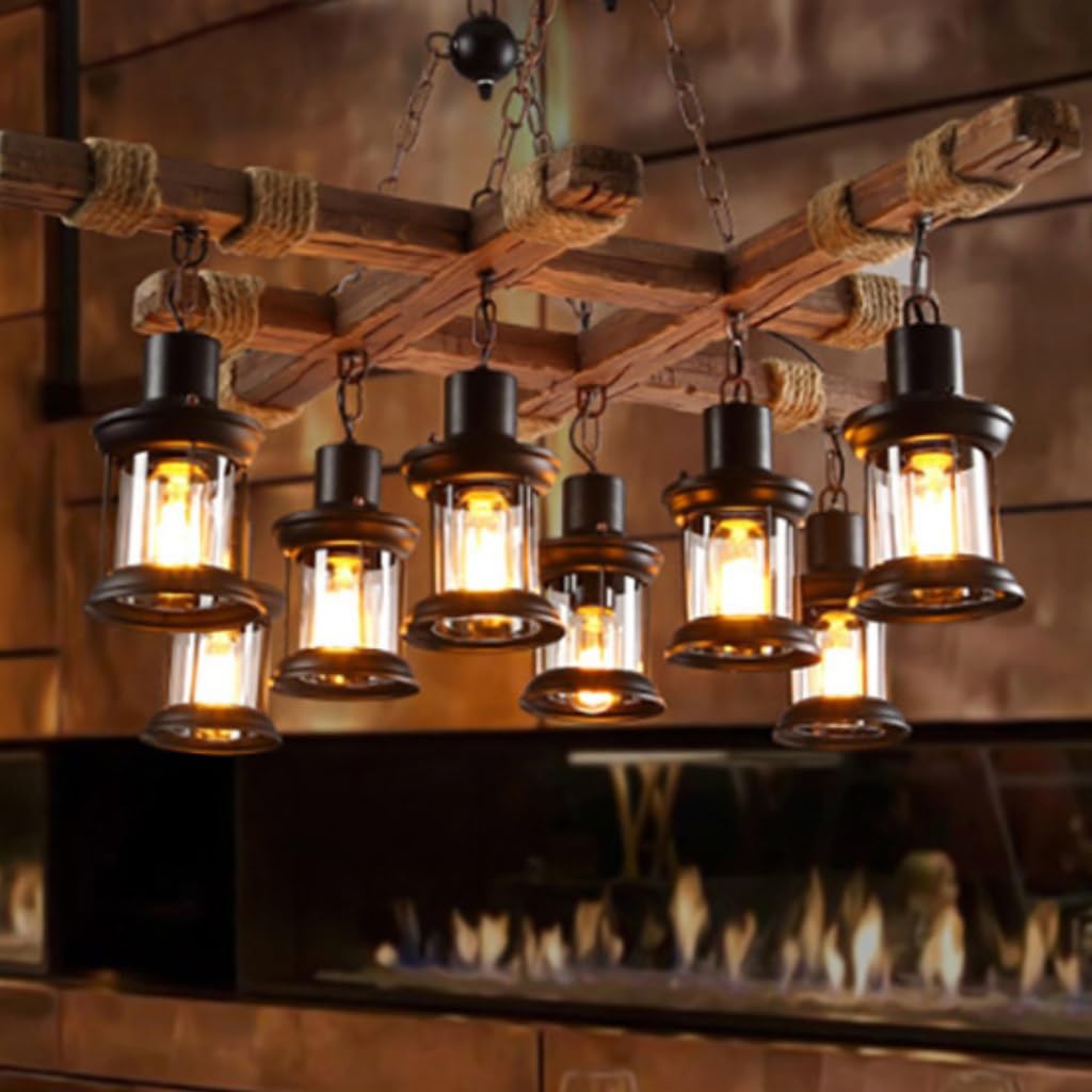 Holz Pendellampe Industrie Pendelleuchte Pendelleuchte Hängeleuchte Esszimmer Küche Wohnzimmer Bar Cafe Indoor Lampe Leuchte Kronleuchter Retro Metall Höhenverstellbar Pendellampe