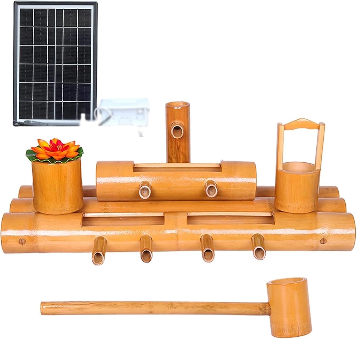 Solar Bamboo Fountain with Pump, Zen Garden Water Feature, Japanese Feng Shui Outdoor Fountain, Backyard Pond Decor, Patio Yard Waterfall, Fish Tank Ornament