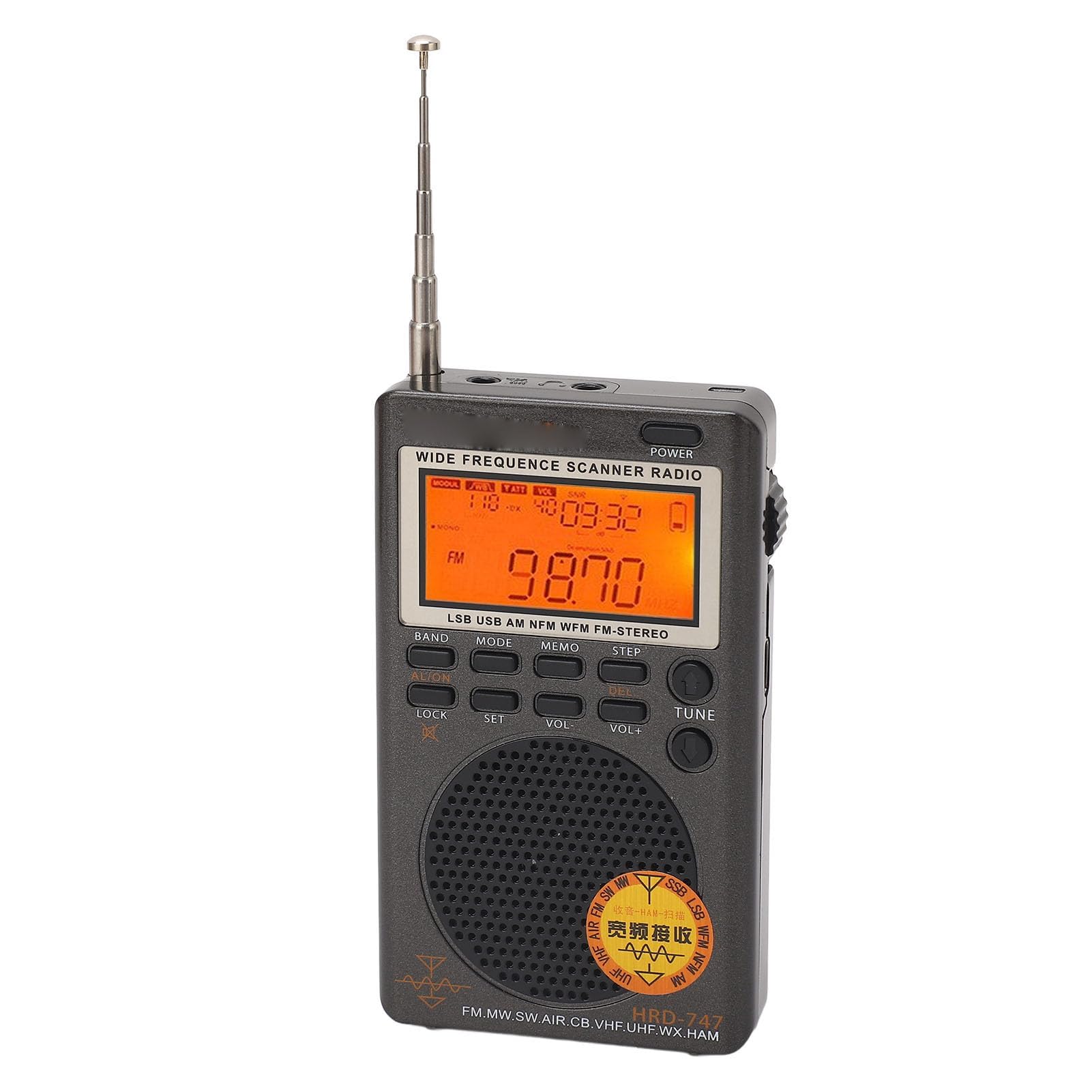 Receptor de Radio Banda Completa DSP Portátil - Compatible con FM, MW, SW, SSB, LSB, Air CB - Espacio de Memoria Amplio - 8Ω 1W Altavoz para Transmisión FM Global