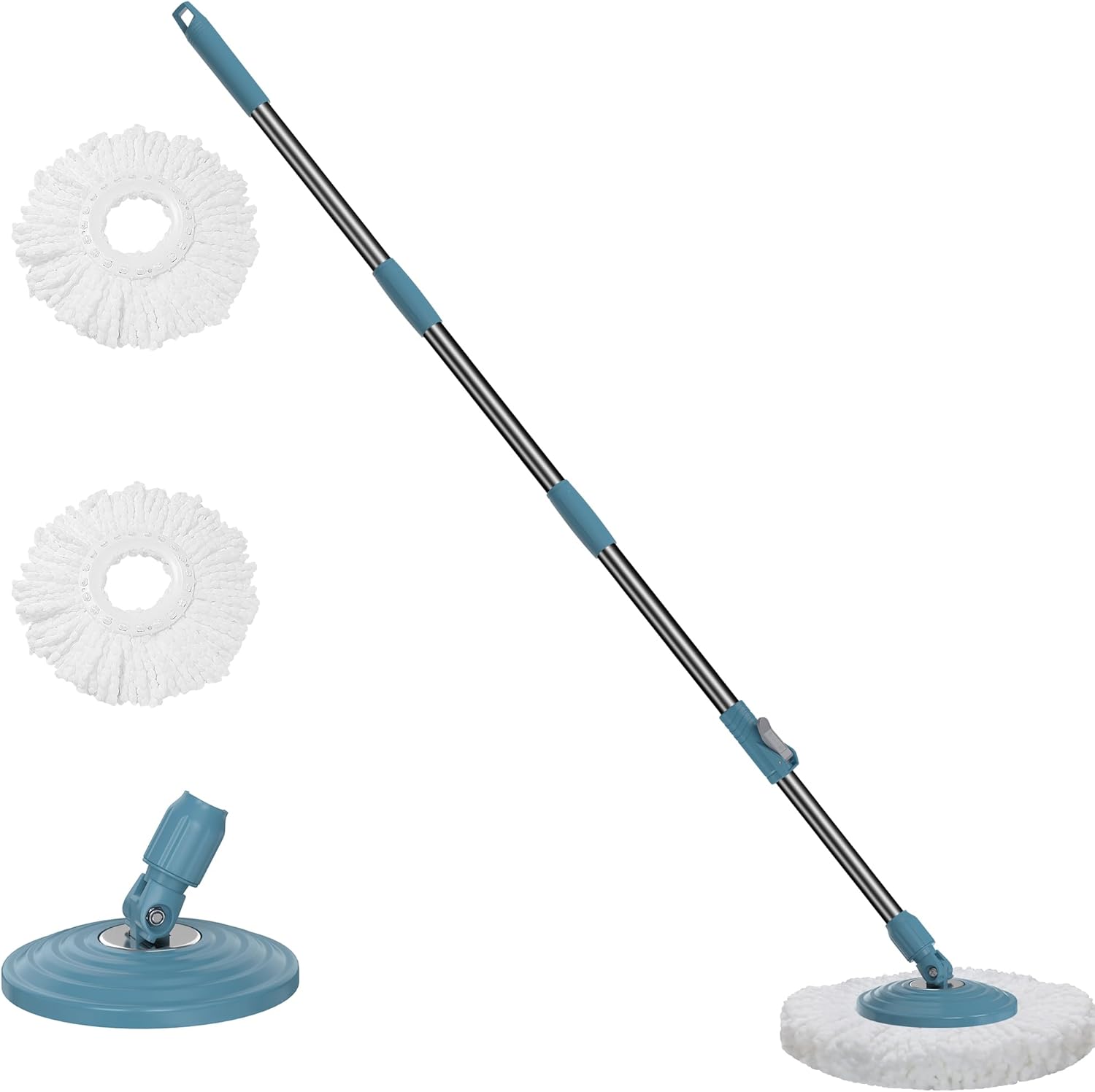 Stainless Steel Extendable Mop Handle with 2 Microfiber Replacement Heads & 360° Rotating Base Plate — Fits Standard Mop Buckets - Black