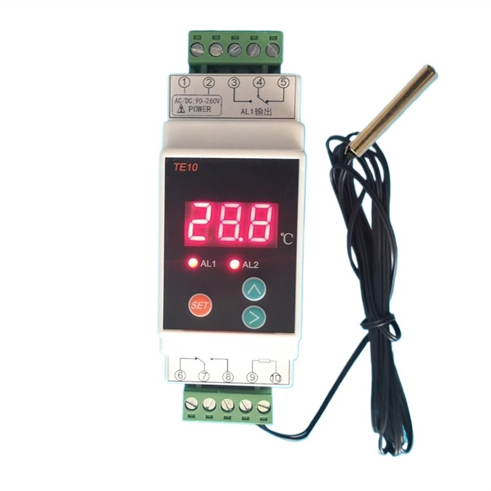 Termostato DIN con sensore Standard 2 Uscita relè Funzione -40~110℃ Alta/Bassa Temperatura NO NC Uscita comune 7A/250VAC