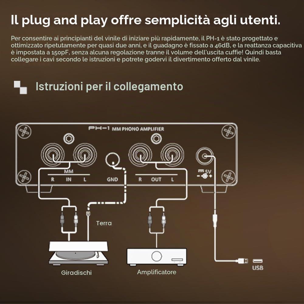 S.M.S.L PH-1 Amplificatore phono MM ad alta fedeltà guadagno oro 46dB SNR 84dB THD+N 0,008% jack per cuffie 6,35 mm Amplificatore ad alta risoluzione RCA ingresso/uscita volume palmare singolo MM AMP