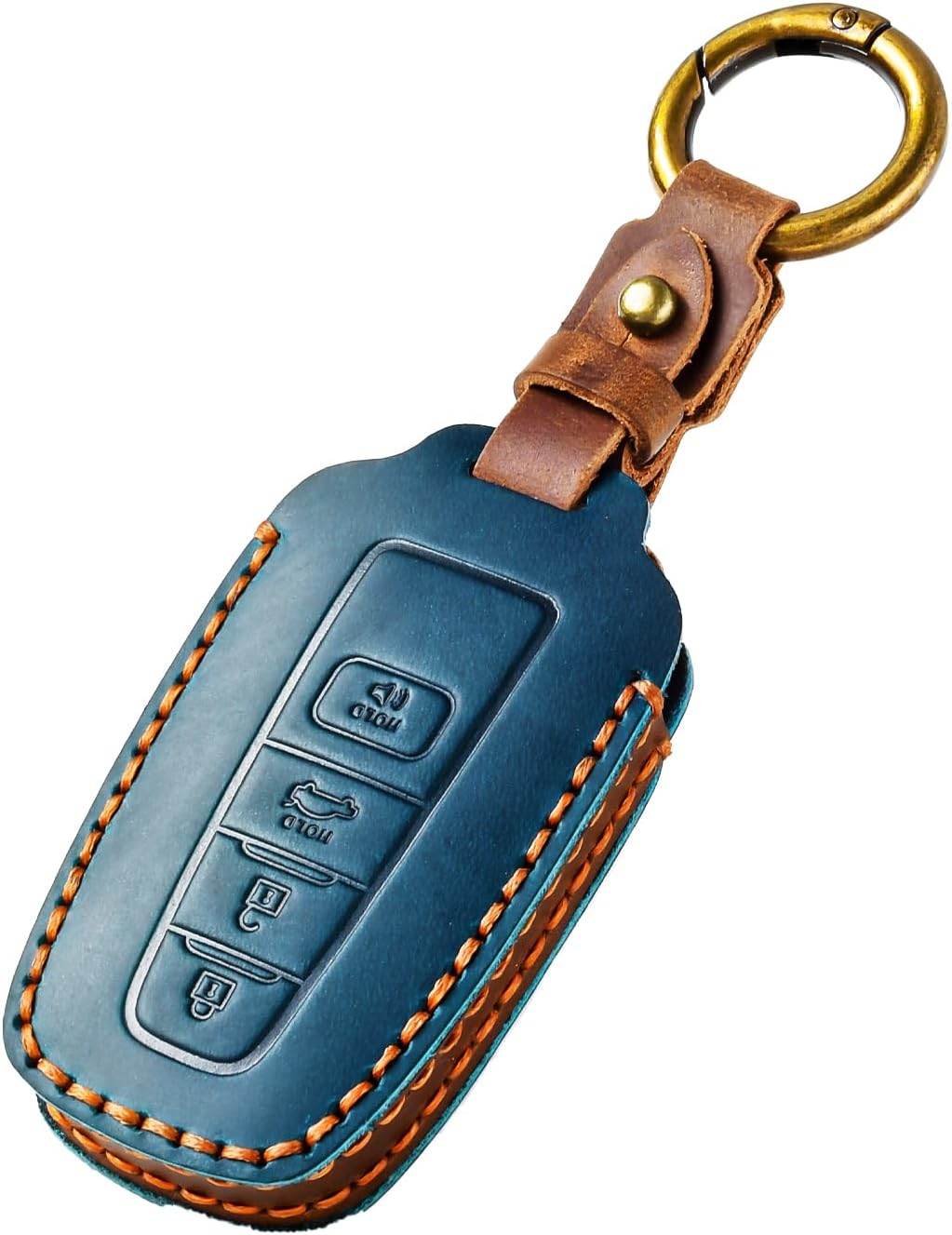 OFFCURVE Leather Key Cover Fits for Toyota Car Key Fob Cover Case Compatible with 2018-2024 Toyota Camry Corolla RAV4 Avalon C-HR Prius GT86 Highlander Smart Key Holder Car Accessories, Blue