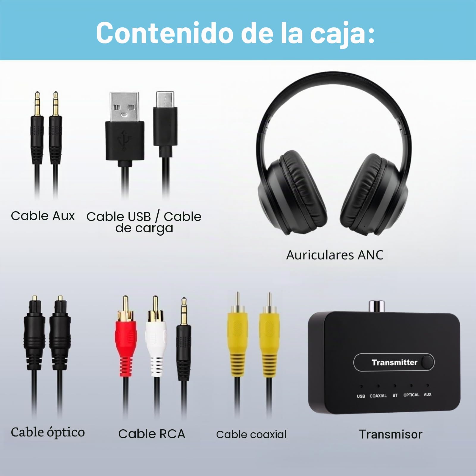 Auriculares Inalámbricos ANC para TV, Auriculares Plegables para Viajar, Audífonos con Transmisor Bluetooth, Compatibles con Salidas Óptica (Toslink)/Coaxial/RCA/AUX 3,5 mm/USB