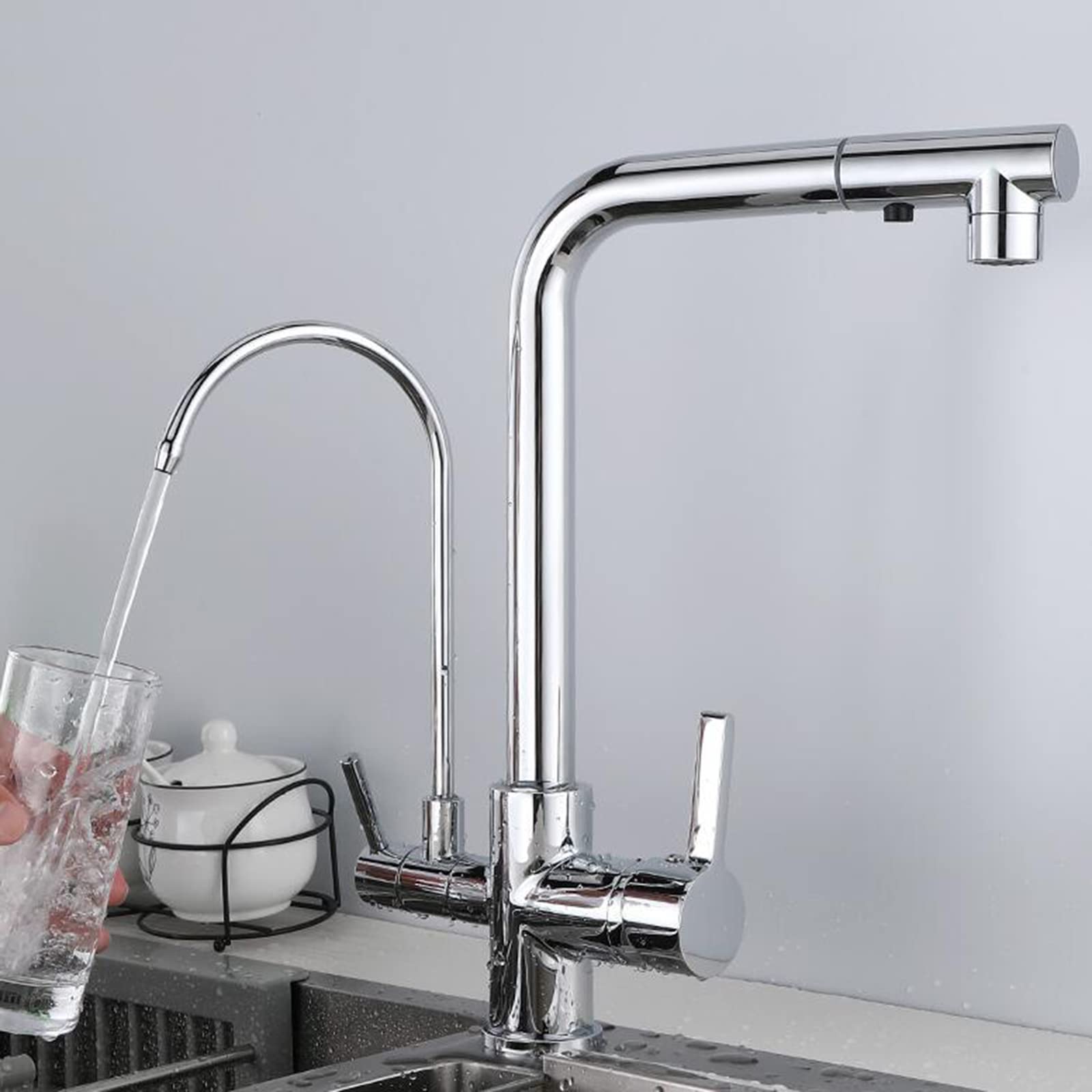 Aycdl 3 Way Kitchen Faucet With Pull Out Spray Swivel Hot And Cold Water Brass Kitchen Sink Faucet Water Filter Faucet-Chrome