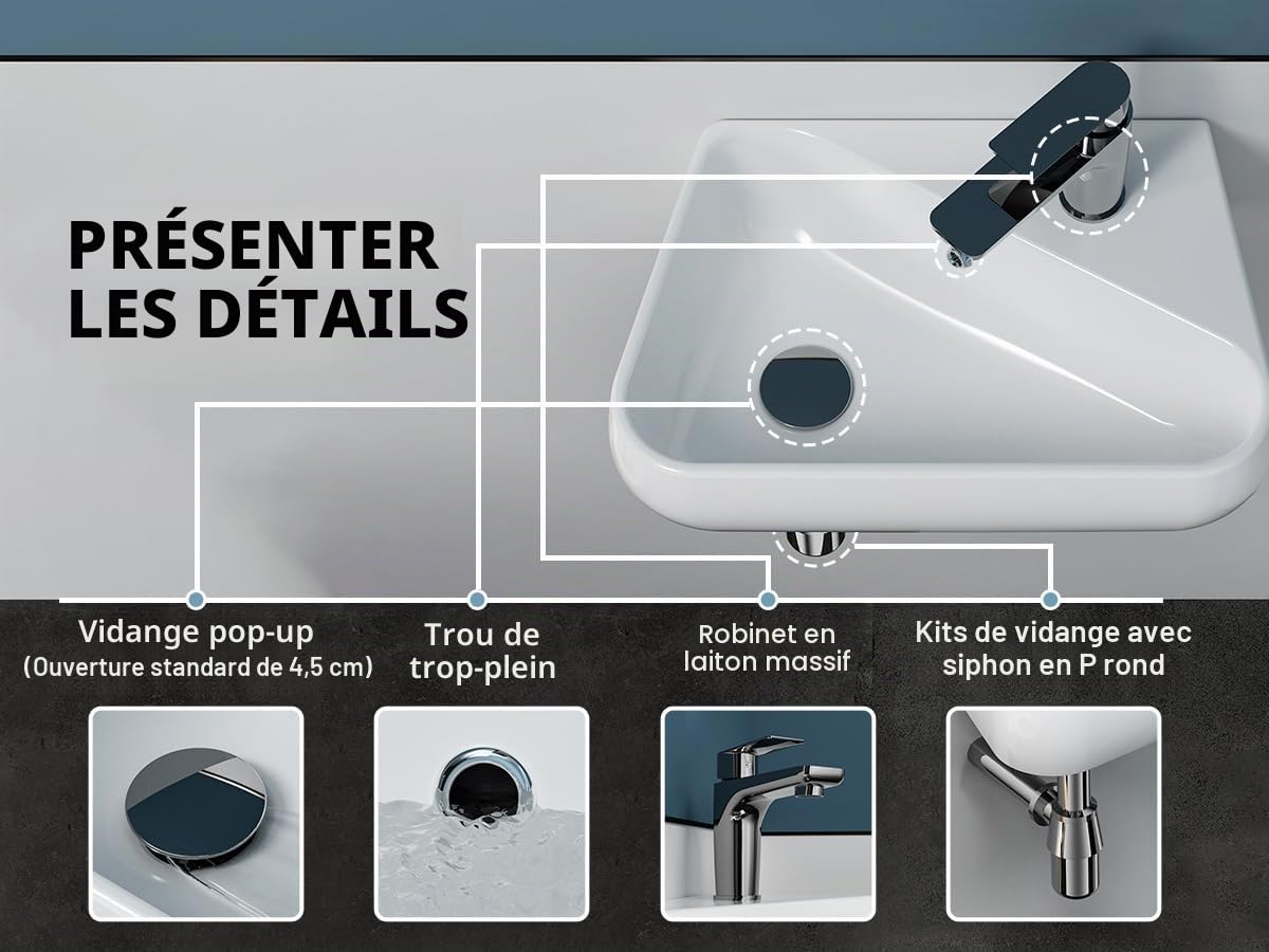 MEJE Ensemble lavabo mural de 45,7 cm, petit lavabo de vestiaire, lavabo de salle de bain en céramique blanche – Ensemble d'évier pour droitier (robinet et bonde pop-up)