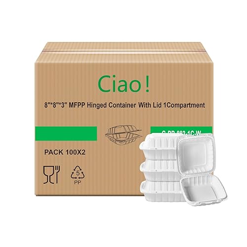 CIAO! Contenedor blanco con bisagras MFPP de 8 x 8 x 3 pulgadas con tapa, 1 compartimento (caja de 200)