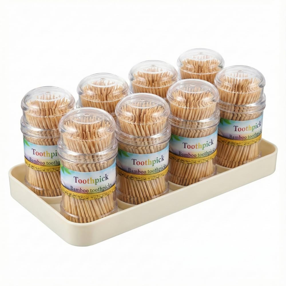 Natural Bamboo Toothpicks, Pack of 12 Boxes, 1200 Double-Tipped Wooden Sticks, Splinter-Free, Travel Friendly Storage Containers for Daily Use, Snacks, Parties, Dental Hygiene