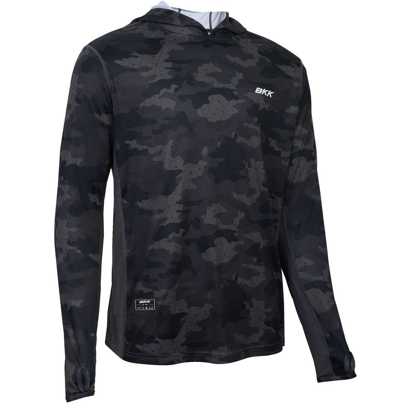 BKK Angelshirt mit Kapuze, langärmelig, LSF 50+, UV-Sonnenschutz, Outdoor-Sport, Wandern, Laufshirt, dunkles Tarnmuster