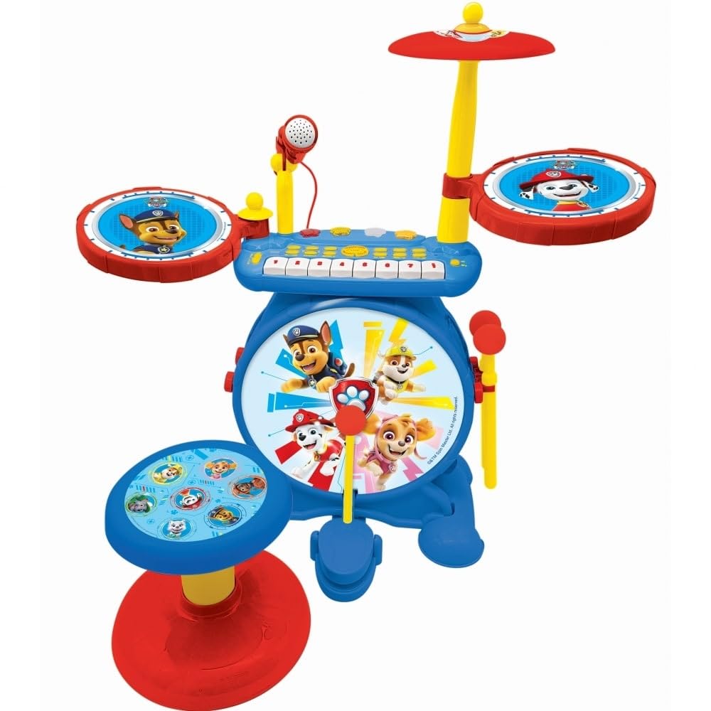 Lexibook K610PA Paw Patrol Chase Elektroniczny Zestaw dla Dzieci, Muzyczna Zabawka, Realistyczny Dźwięk Perkusji, 8-Klawiszowa Klawiatura, Wtyczka Mp3, Siedzisko w Zestawie, Niebieski, Czerwony
