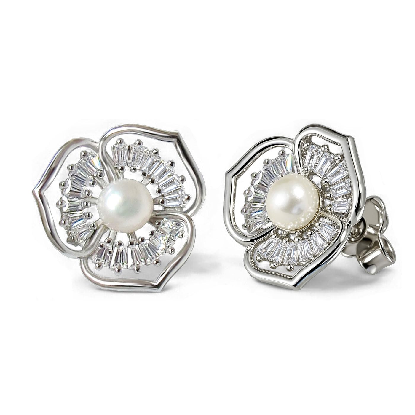 Schöner-SD Ohrstecker Blume groß 925 Silber mit Perle und Zirkonia
