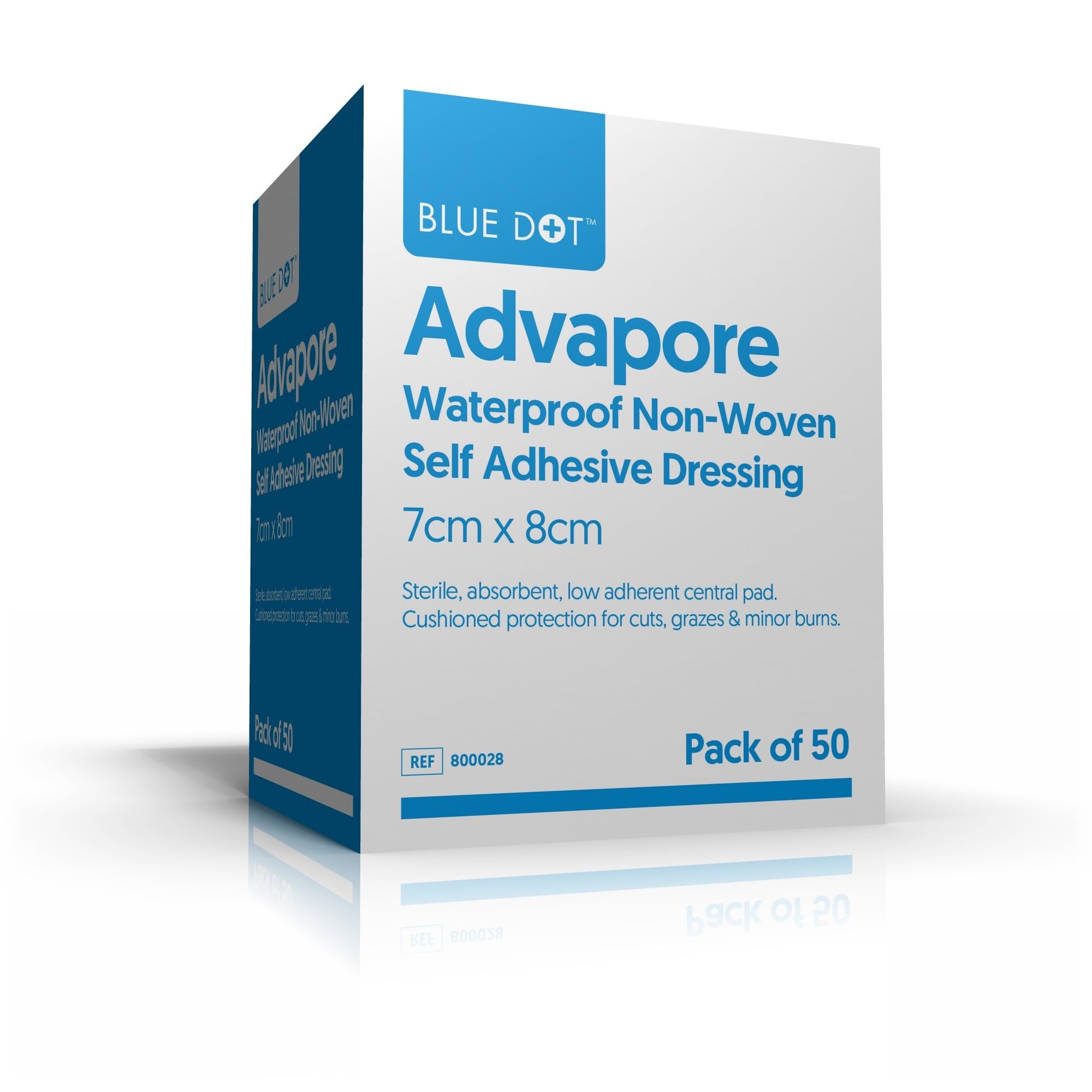 Blue Dot Advapore Waterproof Non-Woven Self Adhesive Wound Dressing 50-Piece Set, 7cm x 8 cm Size