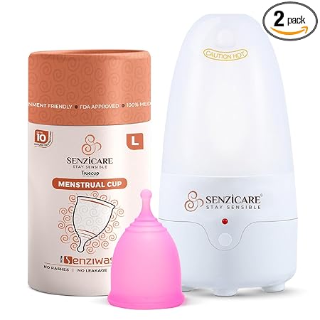Senziwash Truecup Reusable Menstrual Cup For Women_Large Size With Menstrual Cup Steam Sterilizer|Kills 99% Of Germs In 3 Minutes With Steam (Large Cup + Steam Sterilizer),2 Count,White
