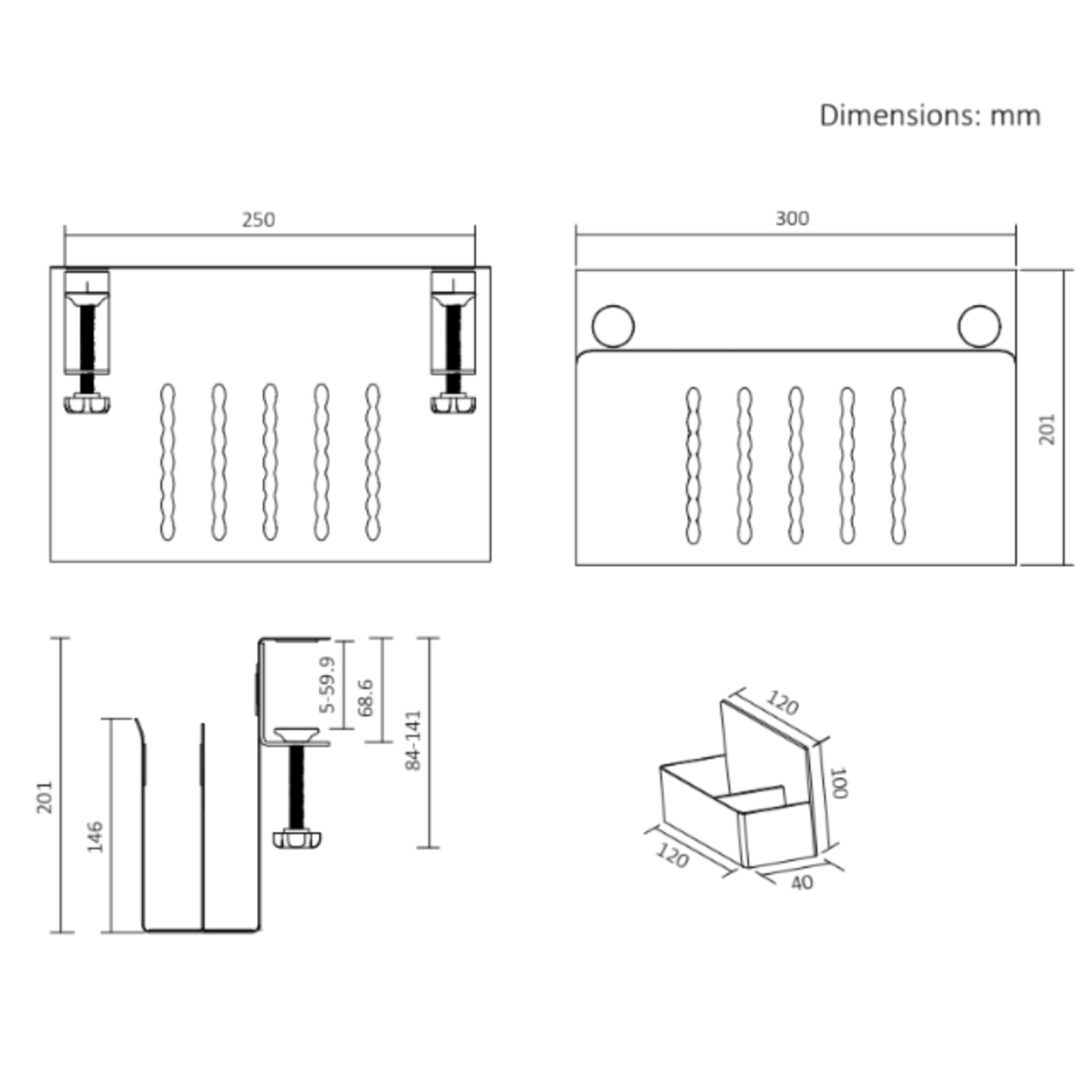 Spacetronik Schreibtisch Seitenaufbewahrung, Desk Side Storage mit Klemme | Ohne Bohren, Laptop Halterung Schreibtisch Seitlich Doppelfach aus Stahl mit Stiftehalter, Weiß, 30x30cm
