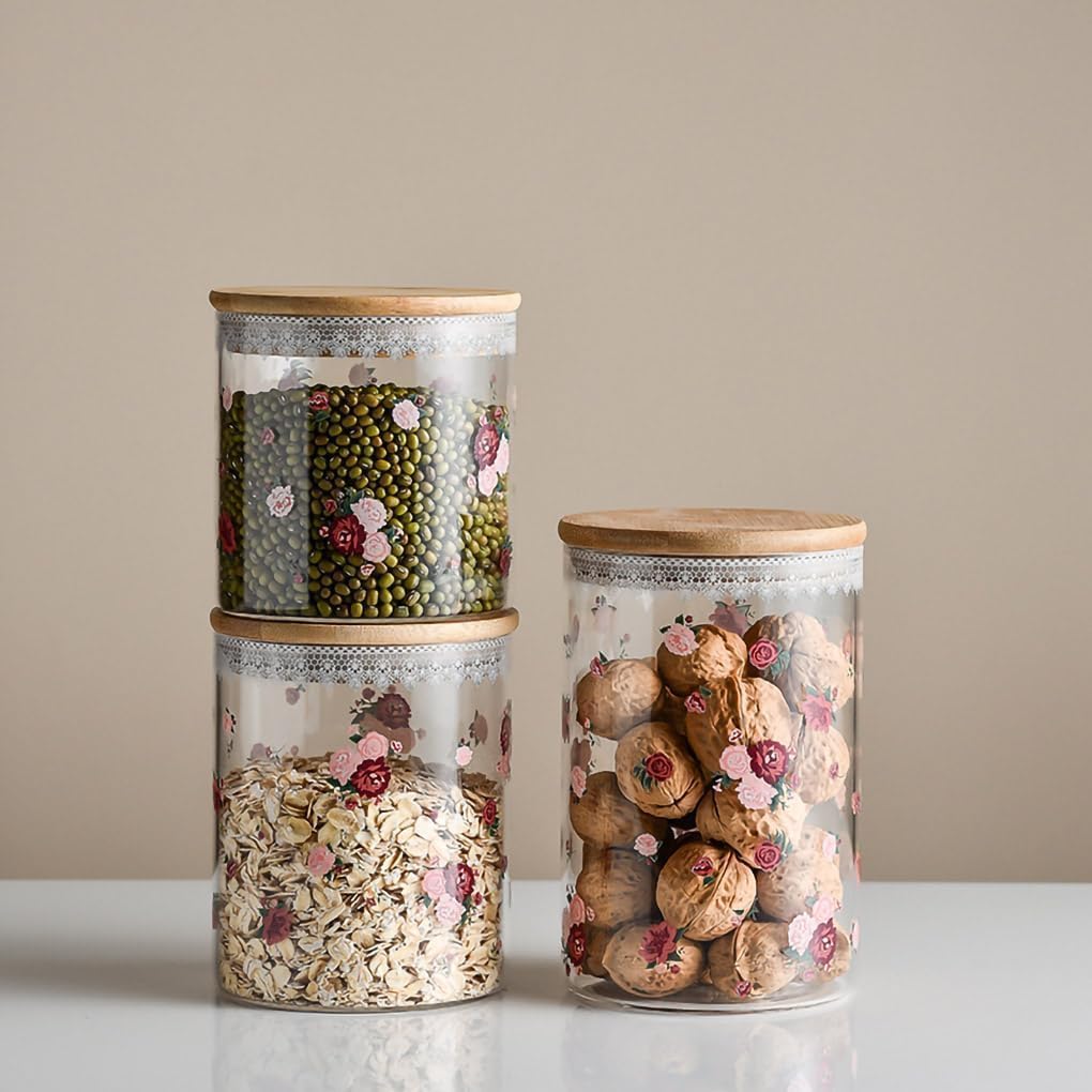 Pojemnik na cukier, Szczelny szklany pojemnik na herbatę z bambusową pokrywką Zbiornik na żywność na kawę, zioła i cukier(Rose,18 OZ)