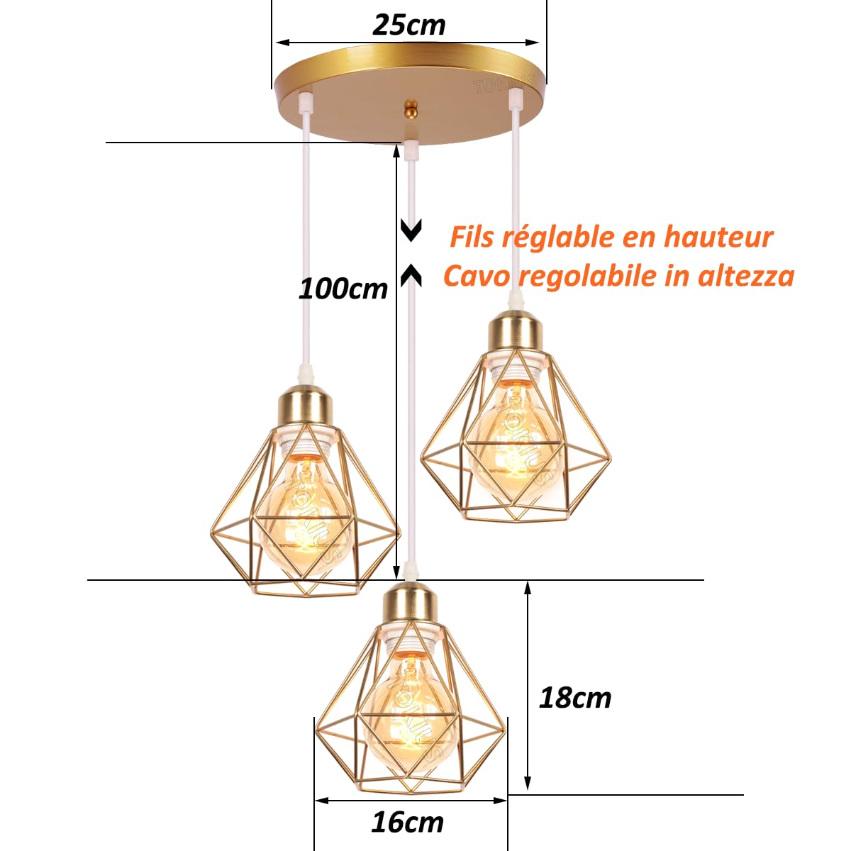 Lustre Suspension 3 lampes Industrielle Luminaire Plafonniere E27 Vintage Plafond Abat-jour Rétro Design Métal Cage Ø160mm éclairage de plafond Cuisine Salon, (A-3 lampes,Laiton)