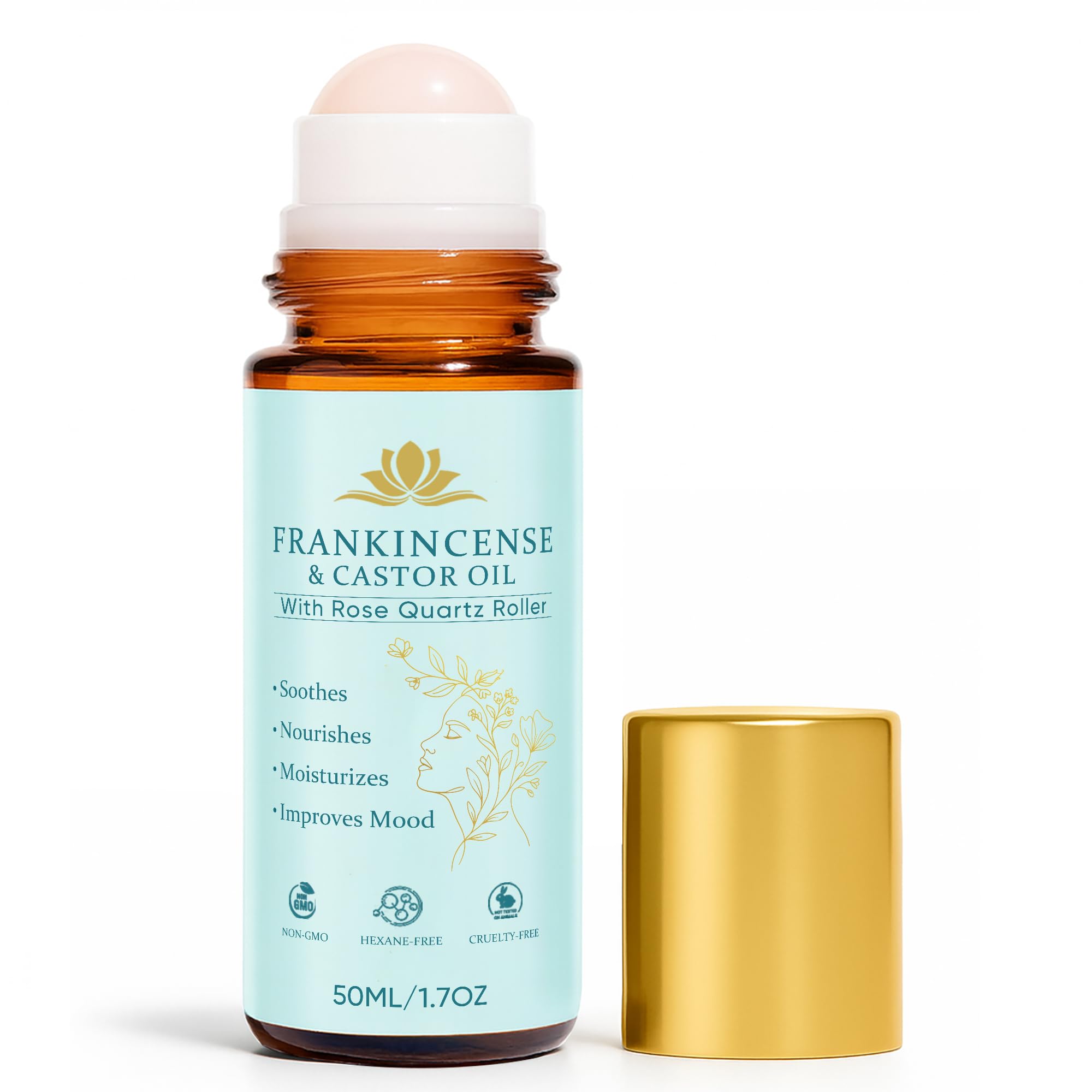 Frankincense and Castor Oil, Castor Oil Roll On with Rose Quartz, 100% Pure, Organic, Cold-Pressed, Firms Skin, Reduces Fine Lines & Hormone Balance,