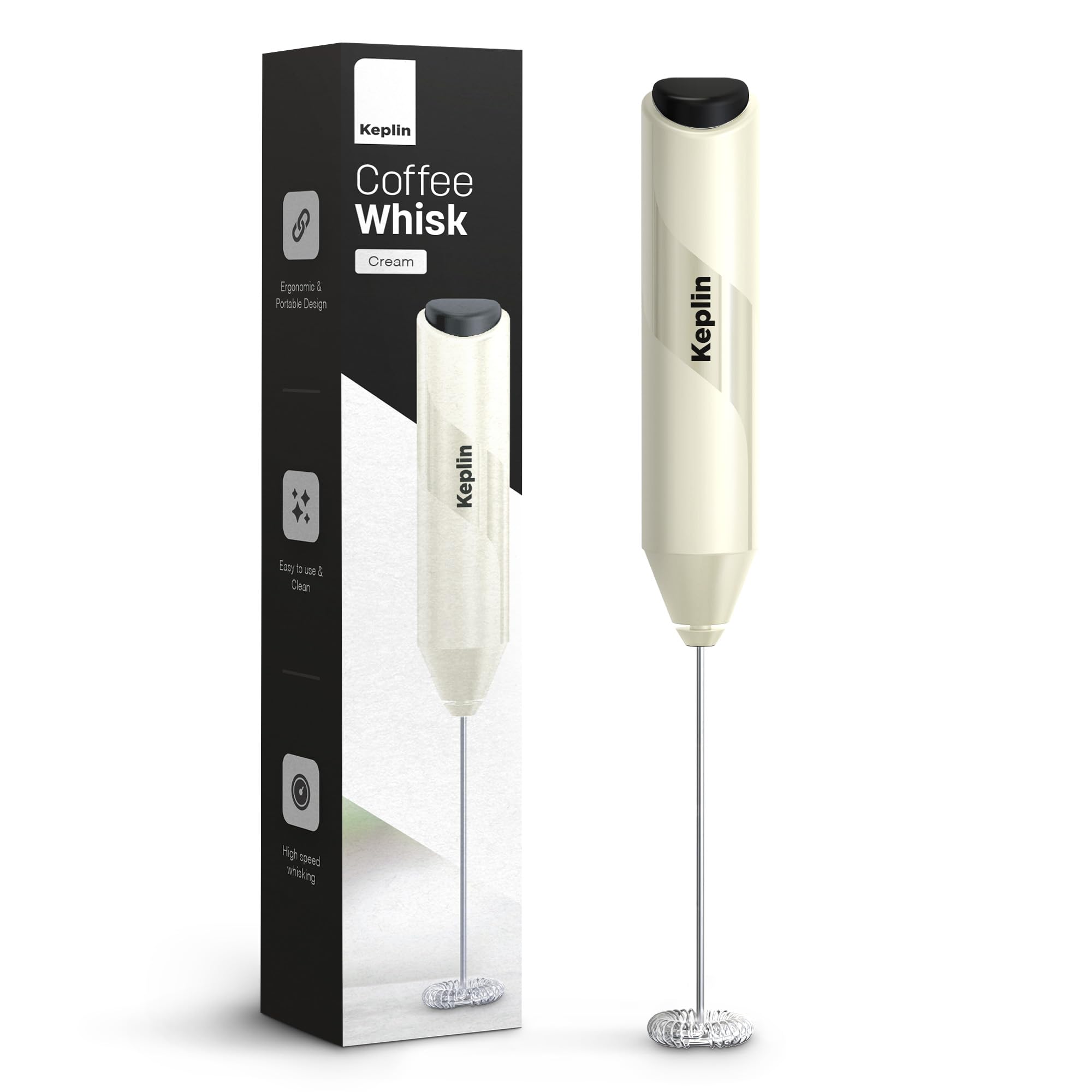 Keplin Handheld Milk Frother - Stainless Steel Electric Whisk - Portable Battery Operated Coffee Stirrer for Lattes, Matcha, Protein Shakes - Ergonomic, Compact, Easy to Clean & Use (Cream)