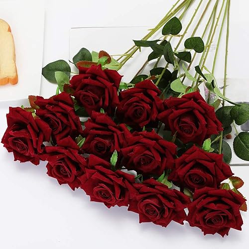 Floweroyal 12pcs Artificial Roses Velvet Flowers with Long Stem Fake Roses Bouquet DIY for Home Garden Wedding Decor (Dark Red) .