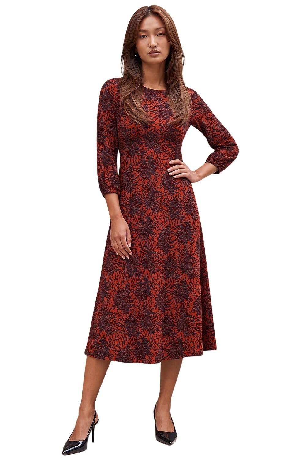 Roman Women Gathered Chest Dress Ladies Stretchy Fit & Flare Swing Tea A Line Skater Knee Length Long Sleeve Midi Smart Casual Work Going Out Cocktail Party