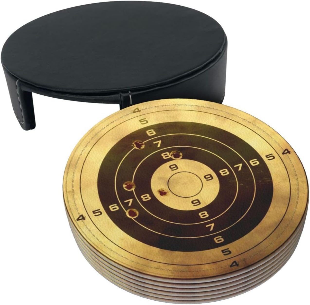 Retro Gun Target Premium Leather Coasters - Set of 6 with Holder, Stylish Beverage Coasters for Kitchen, Coffee and Home Decor image 5