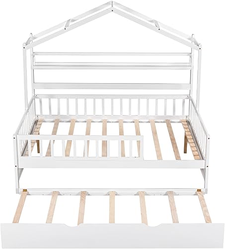 Miniatura 6 de MERITLINE Cama de casa de tamaño matrimonial con nido y estantes de almacenamiento para niños, marco de cama Montessori con rieles de valla y techo