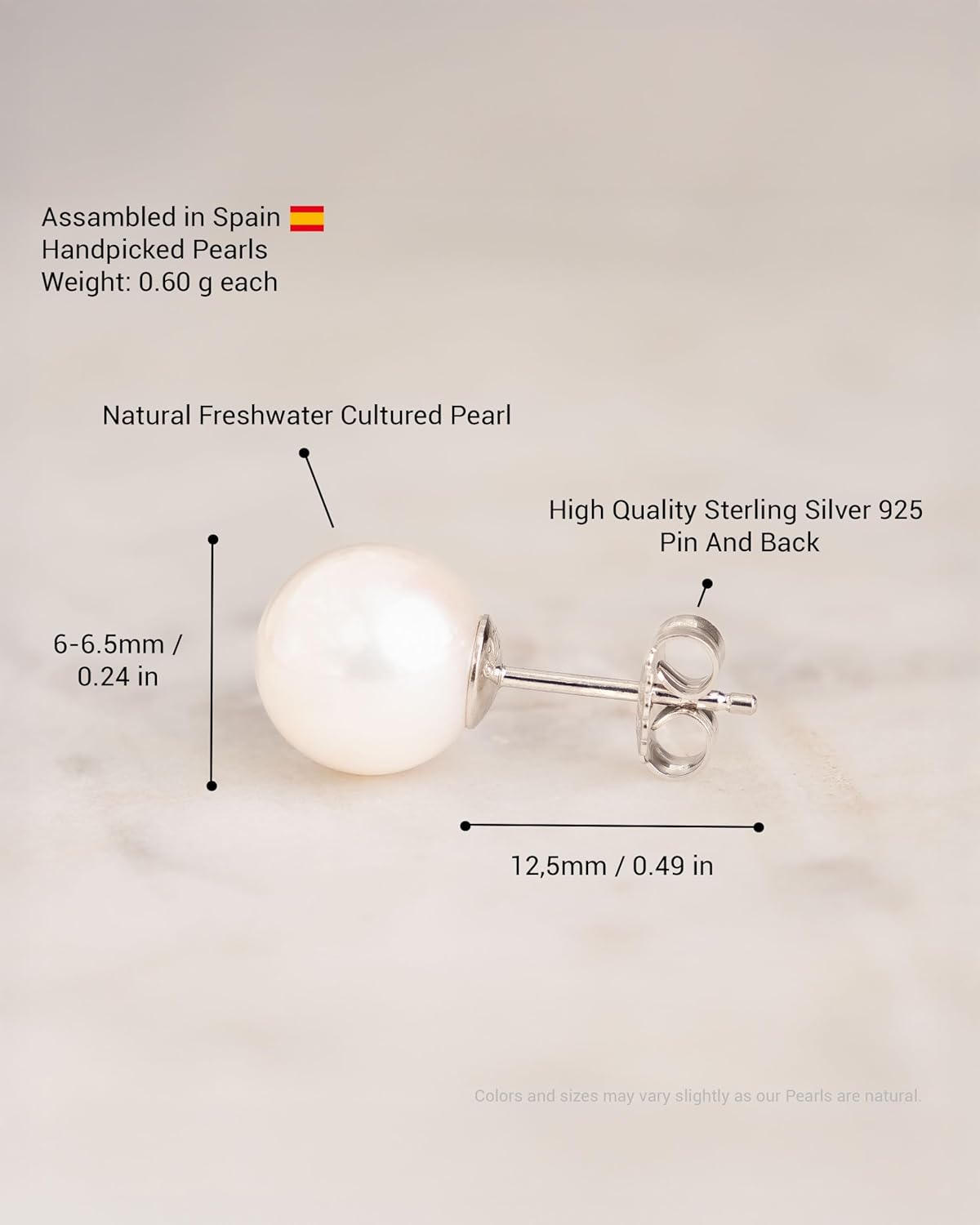 Women Pearl Earrings Freshwater Cultured Round White Pearls by Secret & You | Available in 6 sizes, from 6-6.5 mm to 11-11.5 mm | In 18 k Gold 750 stamp or in 925 Sterling Silver Rhodium Plated