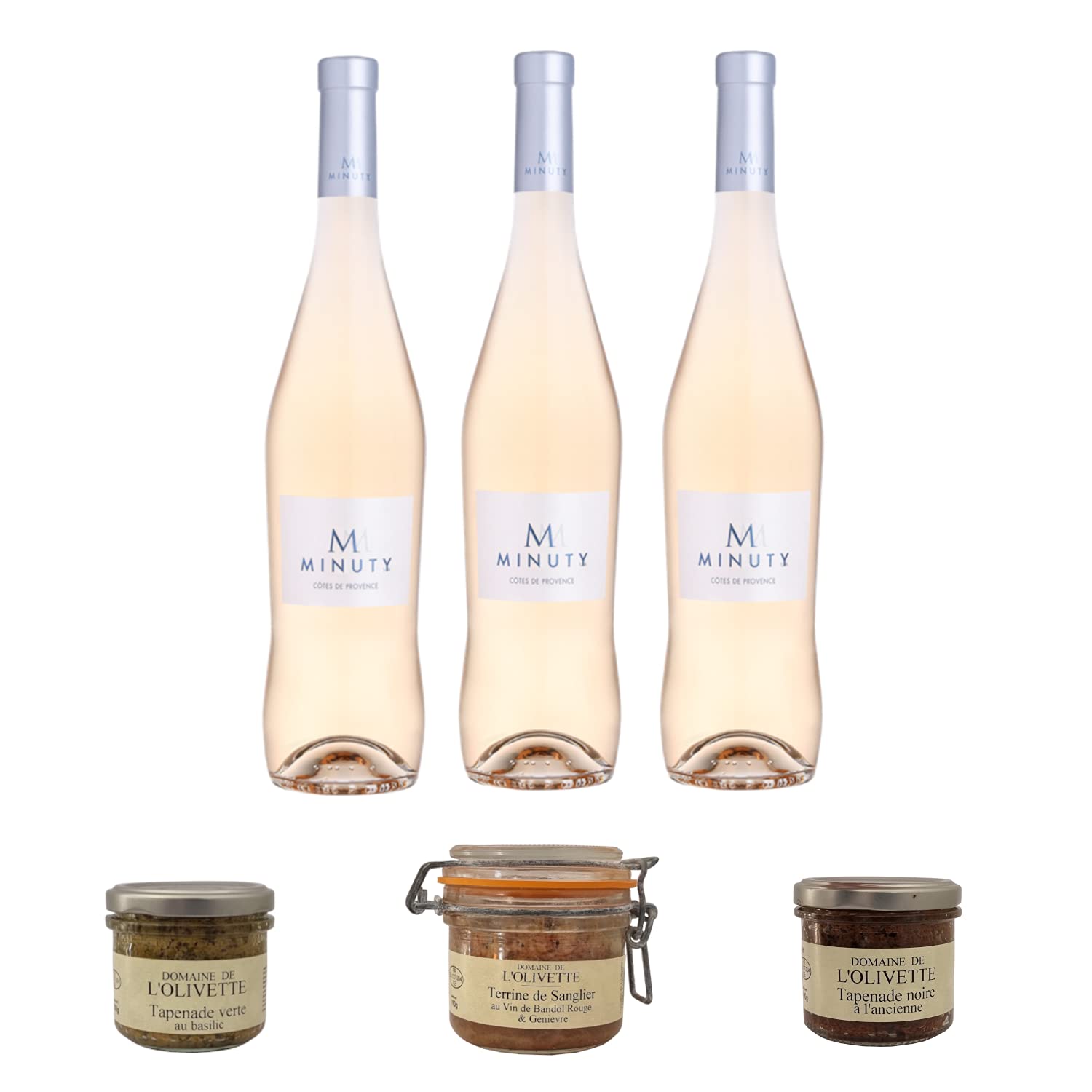 Box aperitivo 100% Provenza: 3 * M Minuty Rose 2020 (75cl) + 2 + 1 Tapenades terrina Cinghiale