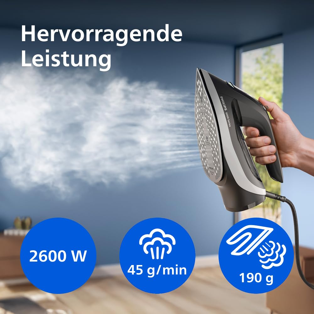 Philips Dampfbügeleisen 6000 Serie, Schwarz, 2600 W | 45 g/min Dauerdampf, 190 g Dampfstoß, SteamGlide Plus Bügelsohle, OptimalTEMP, 300 ml Wassertank (DST6120/80)