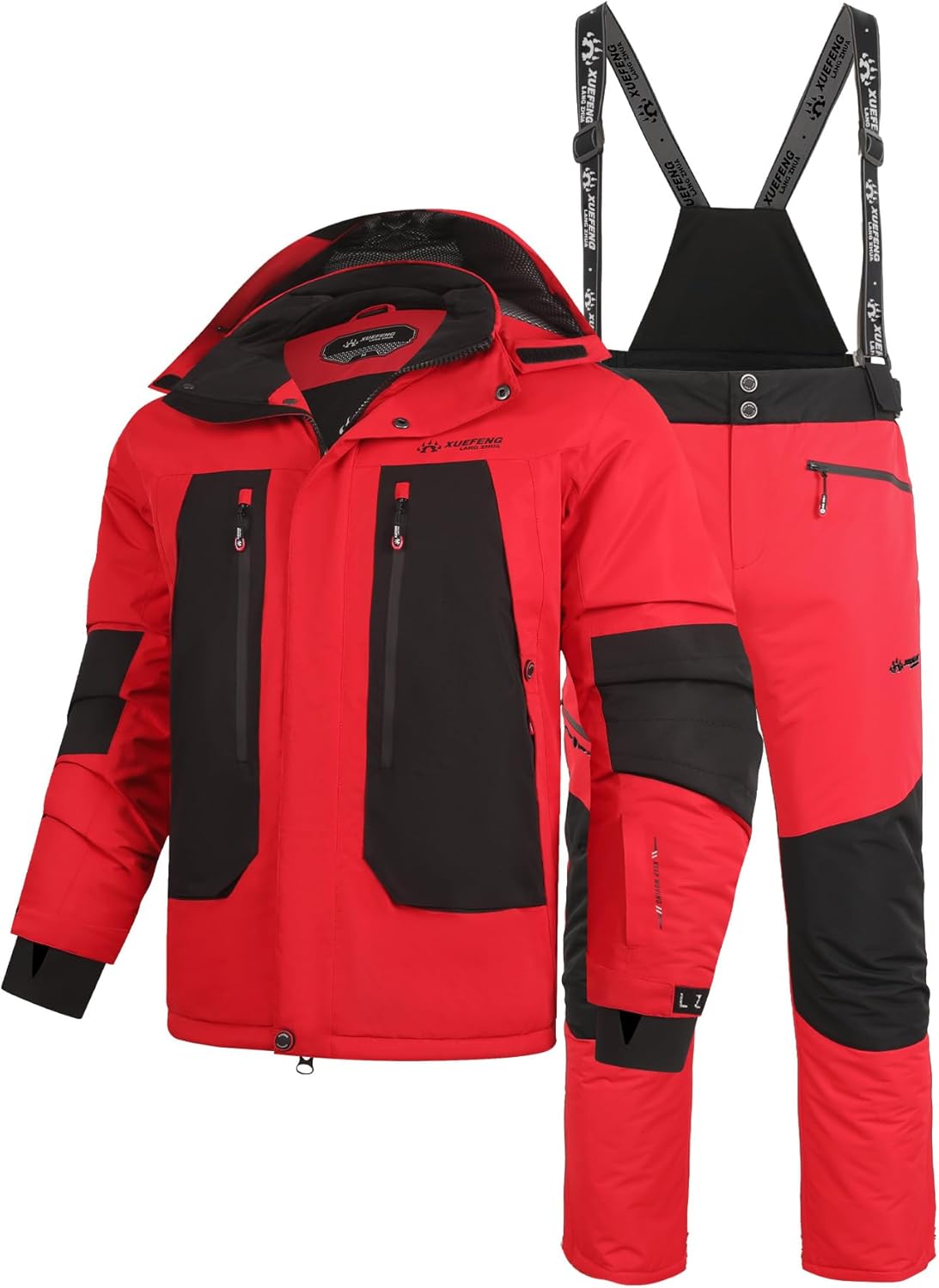 EVIL WOLF Men's Waterproof Ski Suit (Jacket & Pants), Thickened Insulated Winter Sports Suit with Adjustable Suspenders