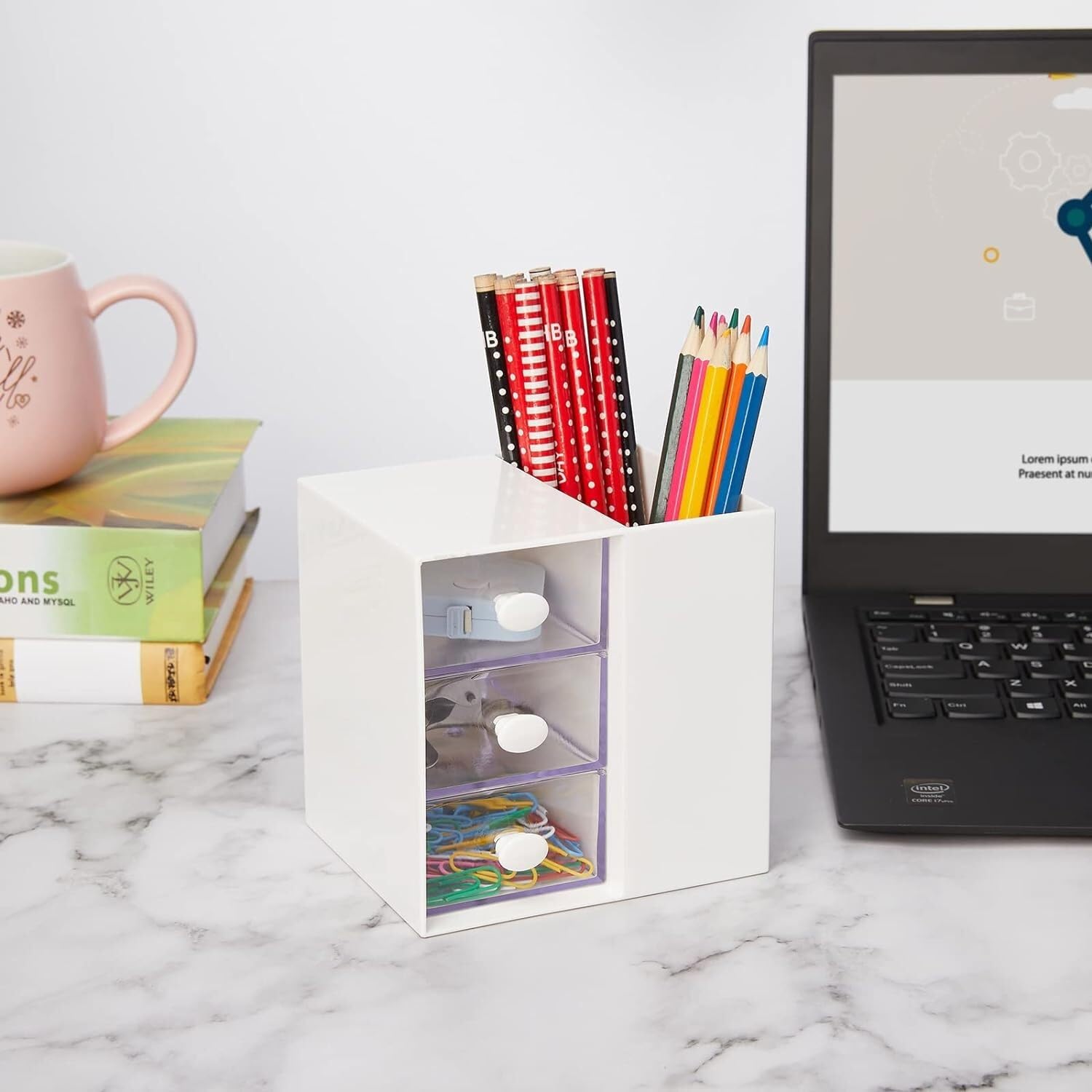 Schreibtisch-Organizer, Kunststoff-Schreibtisch-Organizer mit Schublade, Aufbewahrungsbox für Büro und Geschäft, Kosmetik- und Make-up-Organizer, Schreibtisch-Organizer für die Sammlung (Farbe: Rosa