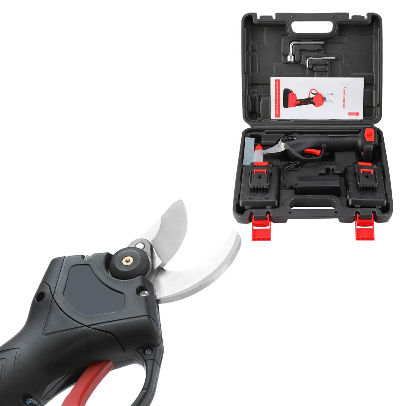 Forbici da Potatura a Batteria, Forbice a Doppia Batteria Elettrica 48v, Lama di Ricambio e Valigetta Portatile – Ideali per Giardino, Vigneti e Alberi da Frutta.