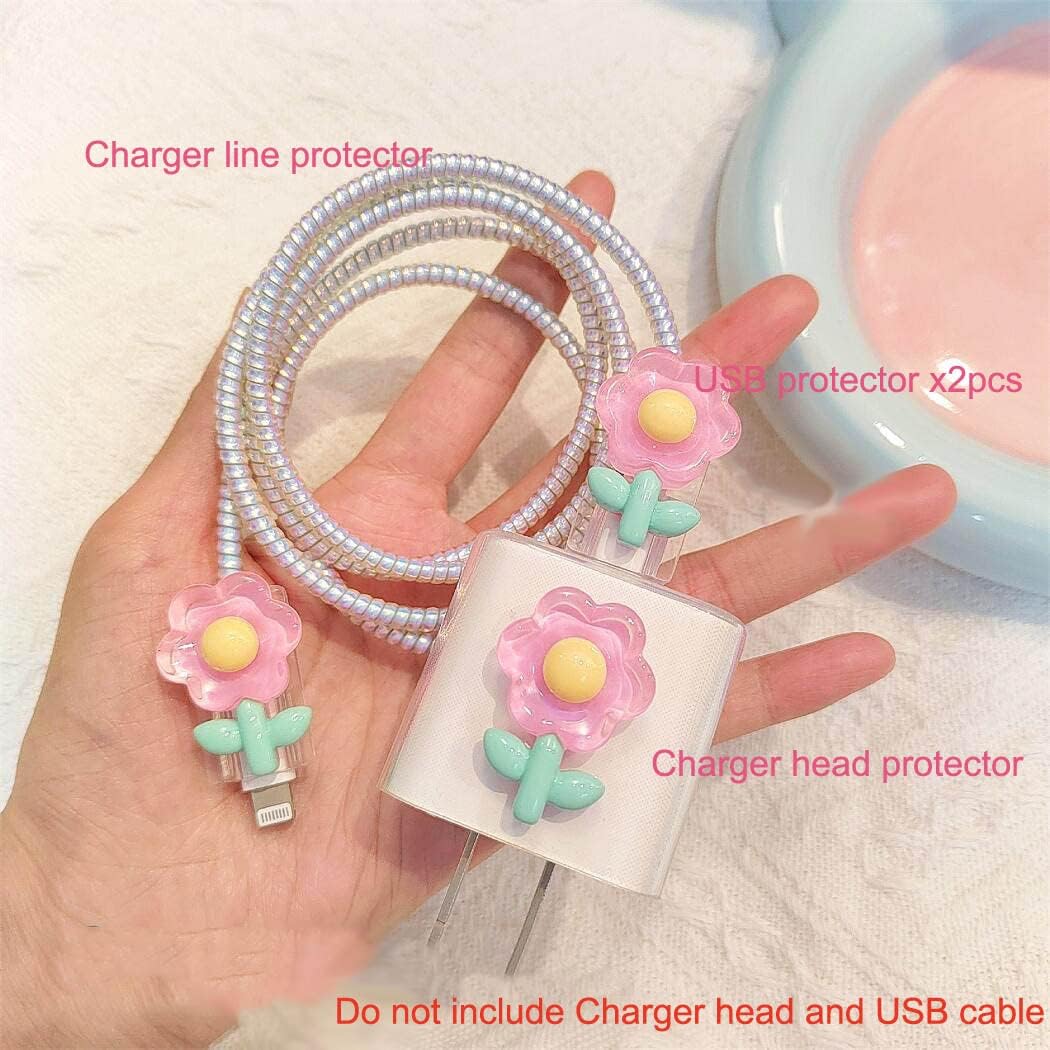 ZOSTLAND 5 in 1 DIY 18W 20W Heart Shape Protector Data Cable USB Charger Line Earphone Wire Saver Organizer Compatible with iPhone 11 12 13 14 15 Pro Max (Flower Pink) image 2