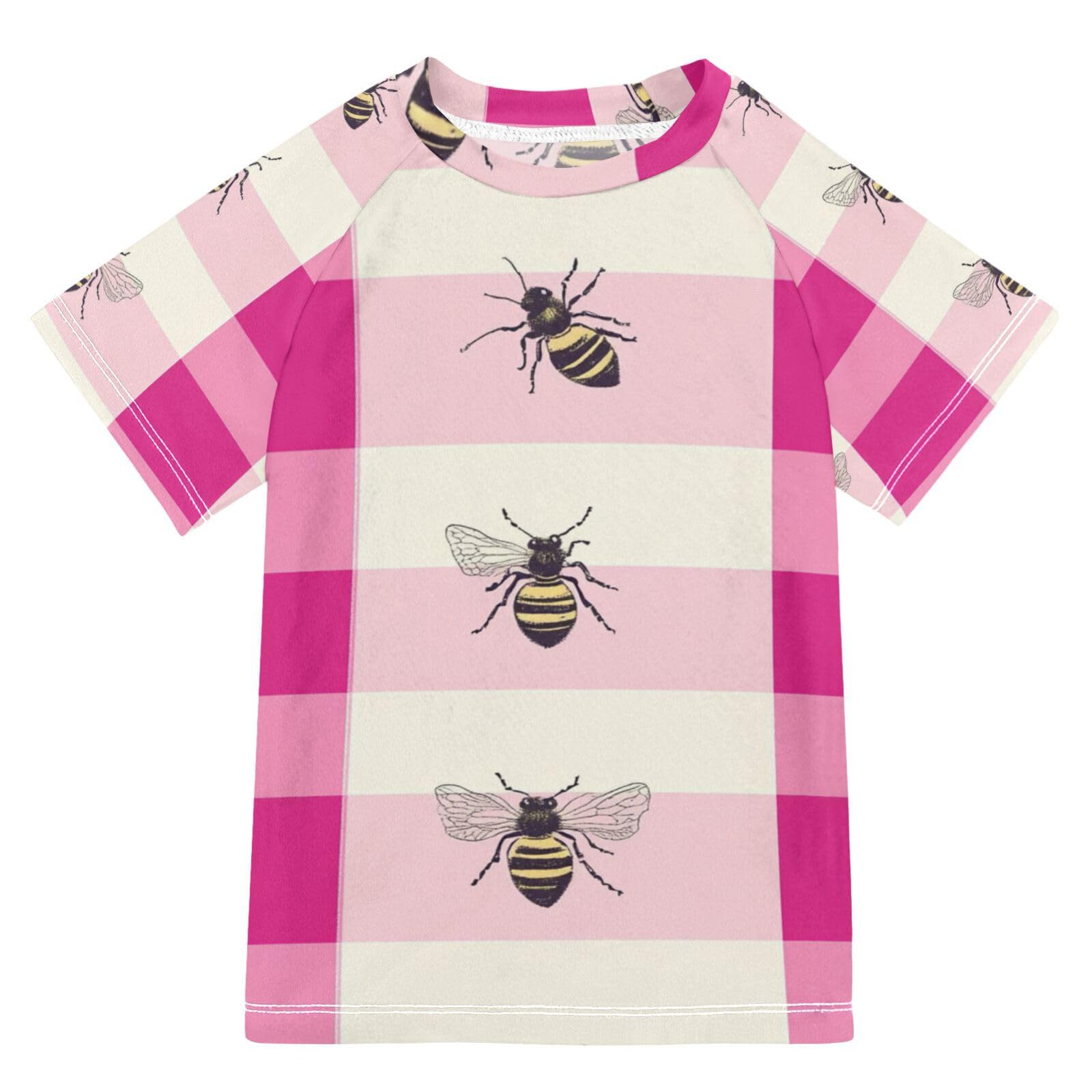 Boy Bathing Suit Short Sleeve Girls Rash Guard Swimsuit 7T Buffalo Plaid Check White Hot Pink Bees