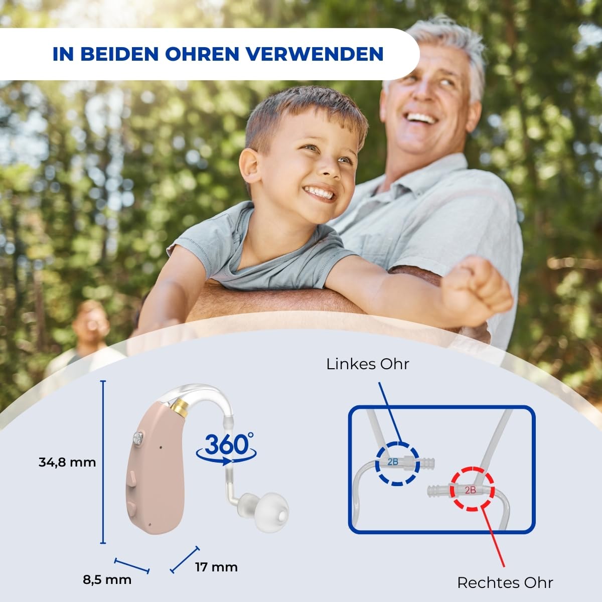 Mobiclinic®, Hörverstärker, Ear plus 1, Wiederaufladbar, 5 lautstärkestufen, 360° schwenkbar für beide ohren, 3 lärmreduzierungsmodi, Leicht, Tragbar, Inkl. ohrstöpsel und nachfüllpackungen