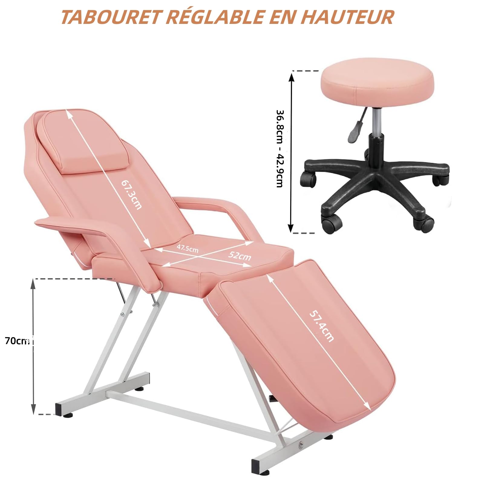 LEADZM Table de Massage Pliante Professionnelle avec Tabouret à roulettes Legere Aluminium Housse Table Massage Lit Cosmétique Massage 3 Sections Portable Ergonomique (Rose)